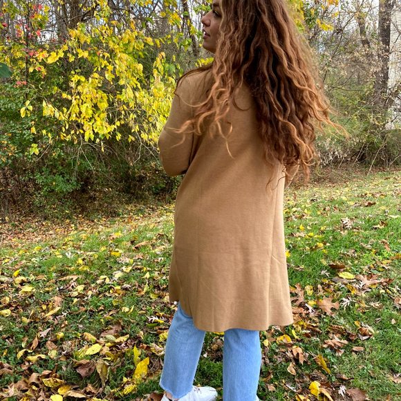 Sweater Cardigan Long Duster, Below the Knees with Pockets, Camel Tan Color - Picture 4 of 11
